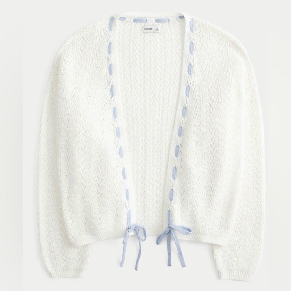 Hollister Women's Cardigan in White with Light Blue Details